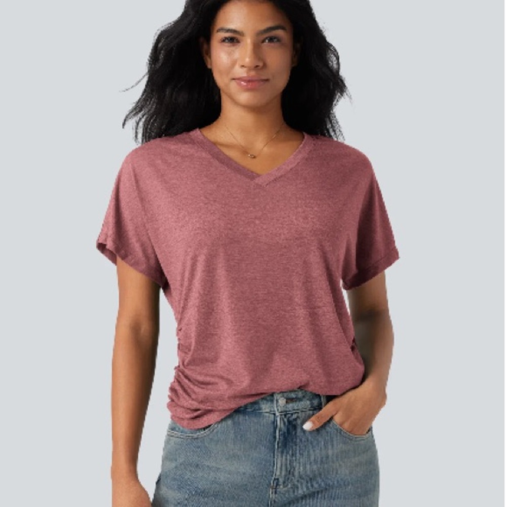 HALARA Short Sleeve Ruched V-Neck Tee Dusty Rose